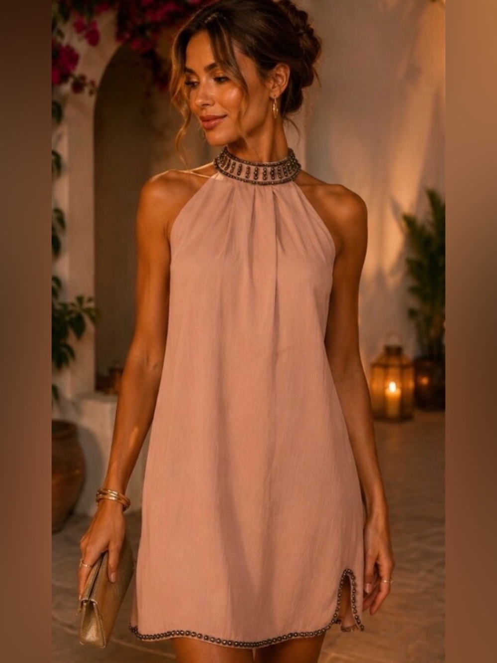 NBD Blush Halter Mini Dress with Embellished Neckline